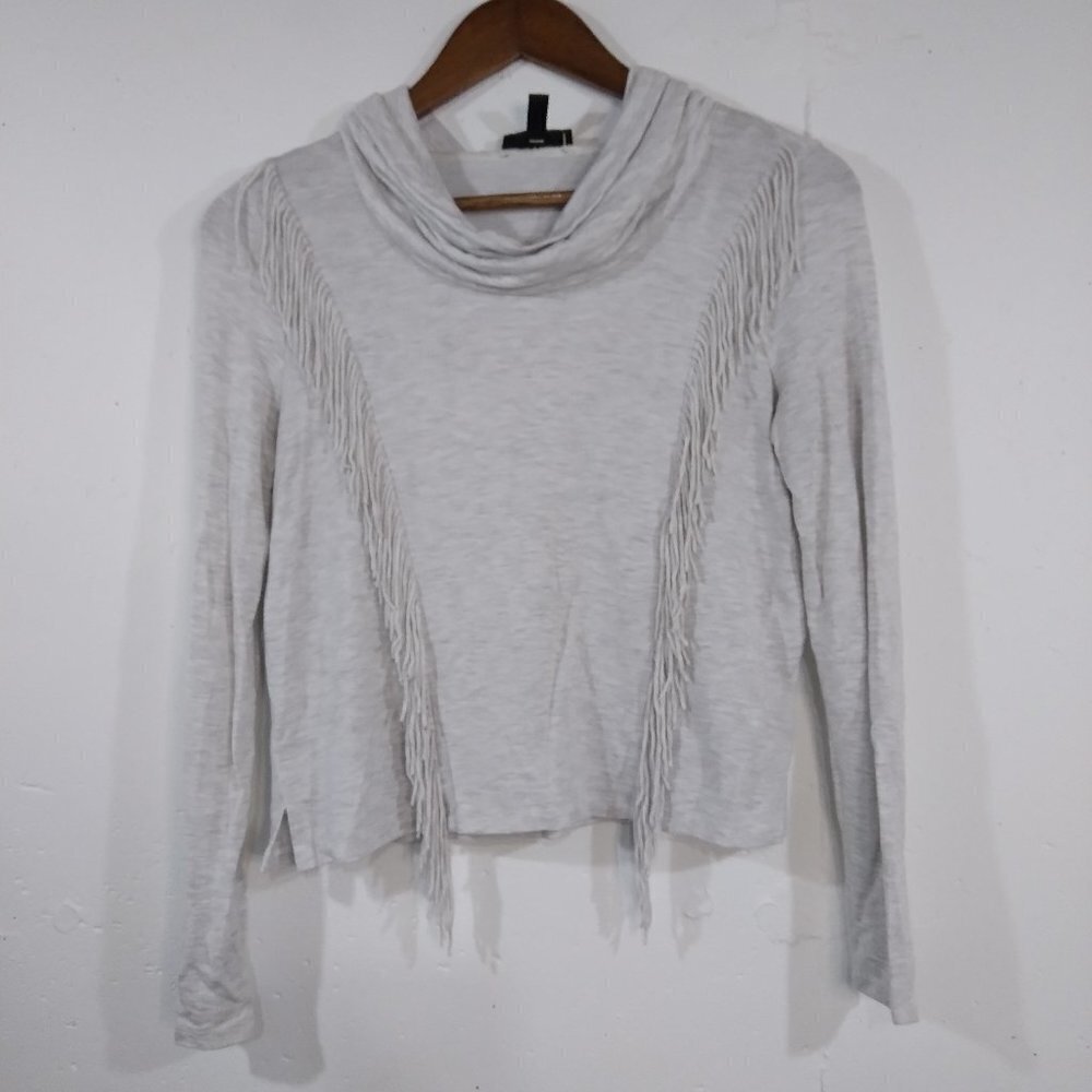 Jessica Simpson Gray Fringe Crop‎ Top Turtle Neck XS Long Sleeve Women Blouse